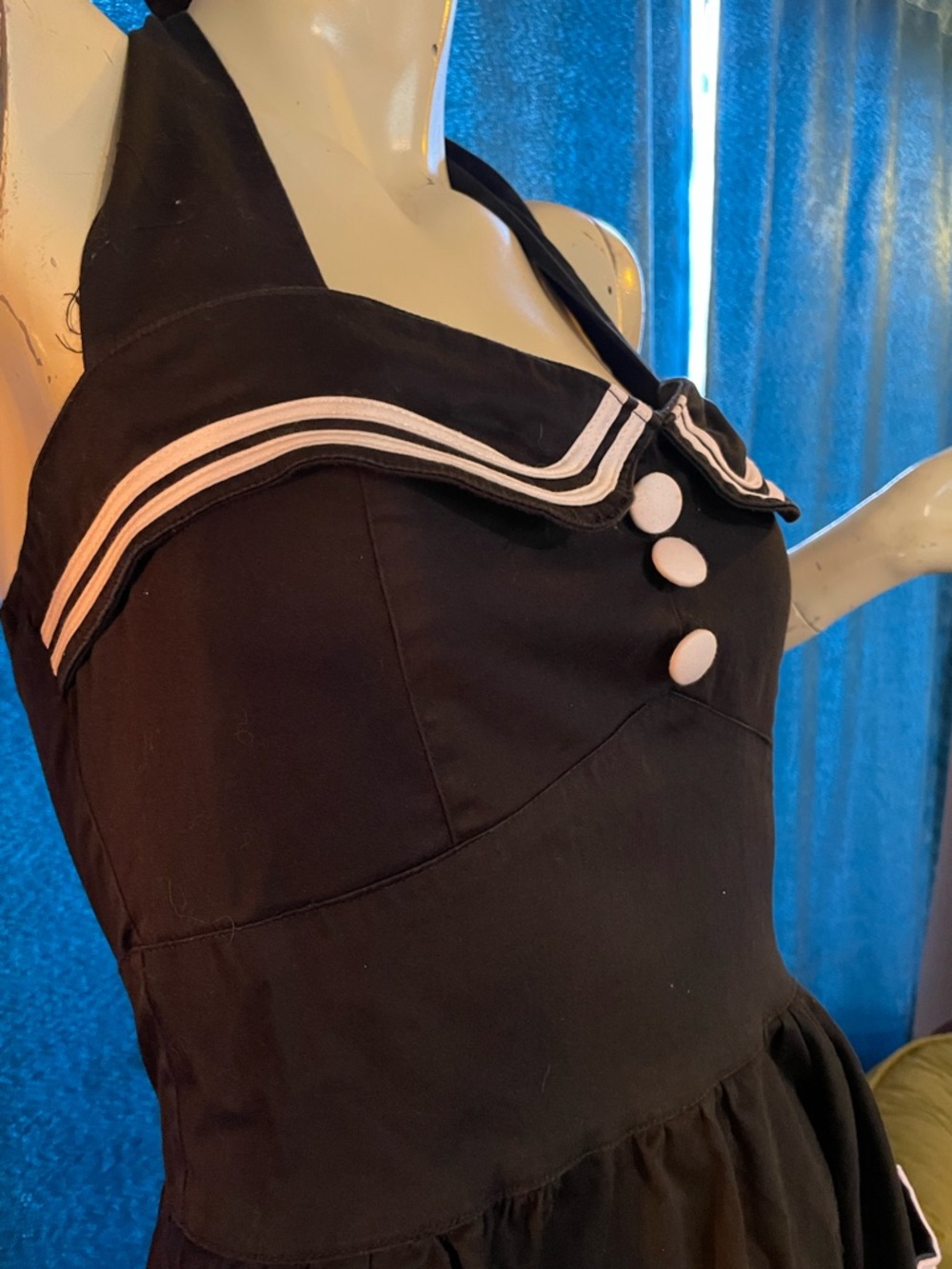 HELL BUNNY Vintage style Black Halter Sailor Dress with skull Anchor Pockets - Picture 3 of 5